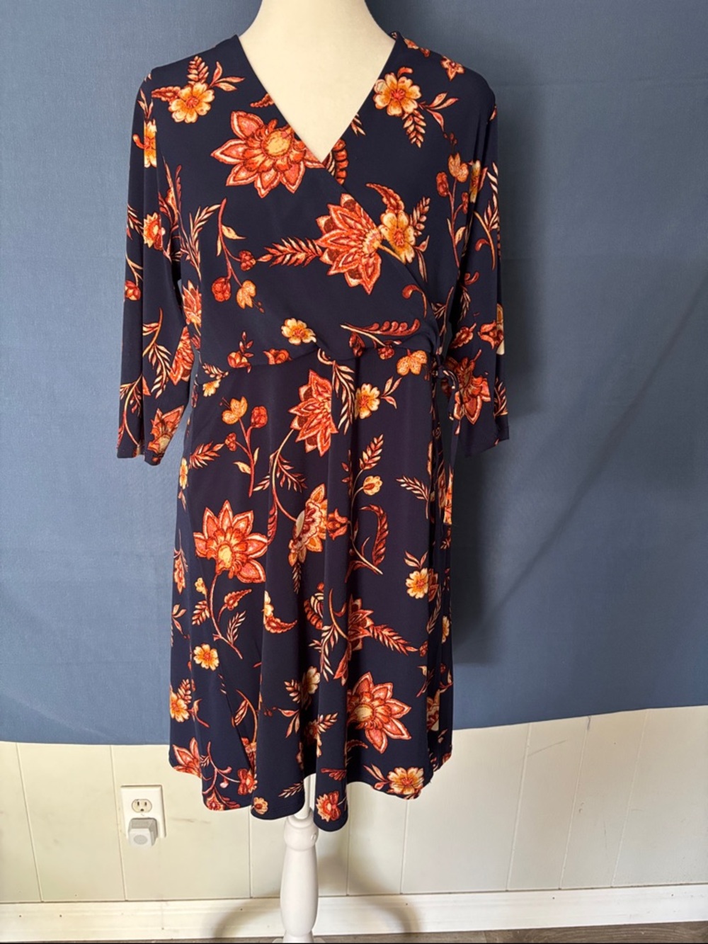 Floral Navy Wrap-Style Midi Dress with Orange Bloom Print
